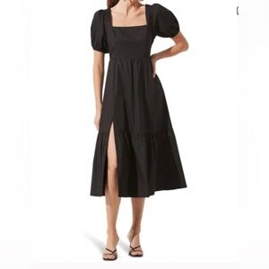NWOT ASTR THE LABEL Revolve Tiered Poplin Puff sleeve Midi Dress Black Sz M